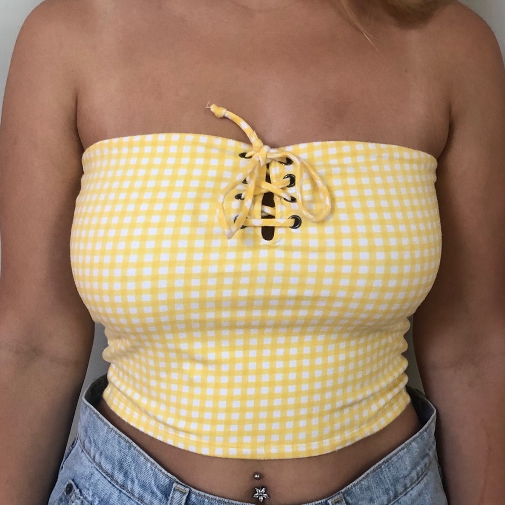 Me to We Yellow Gingham Lace Up Tube Top